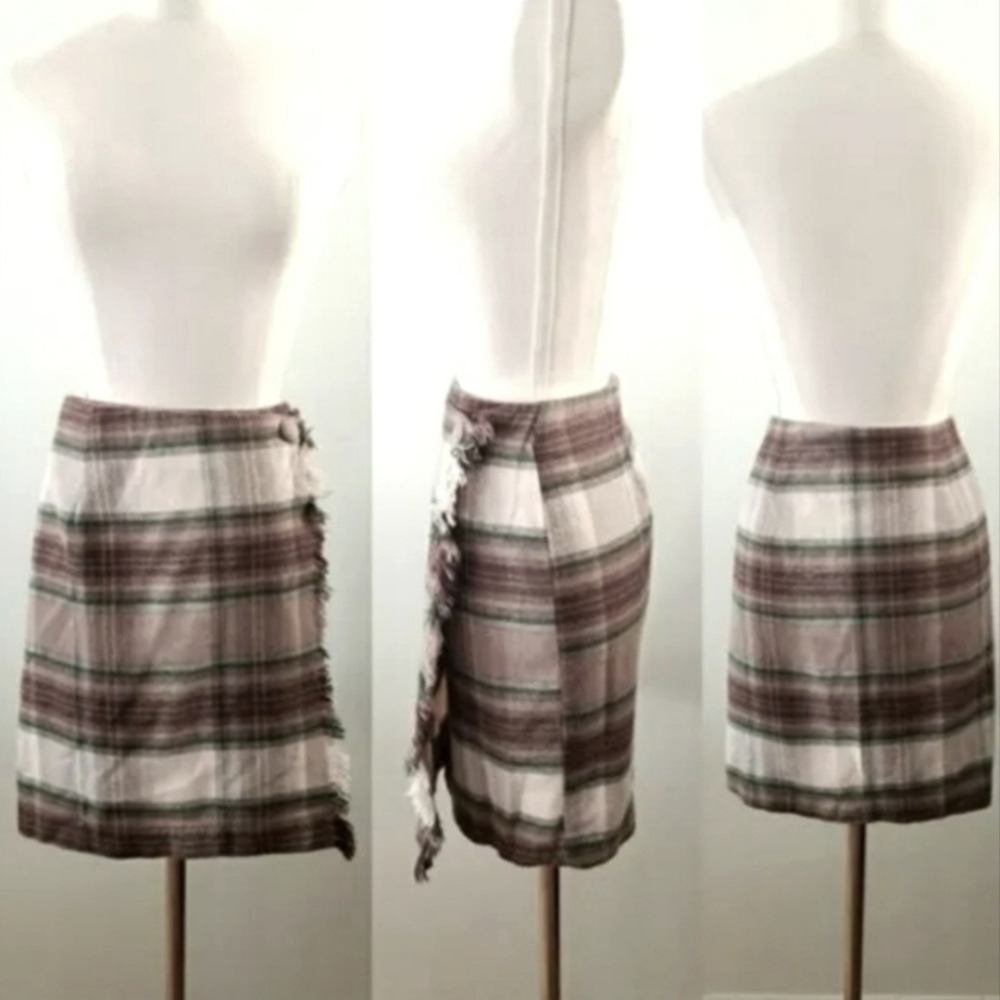 💘Brown Plaid Skirt size 30(S) Wrap Fringe Wool